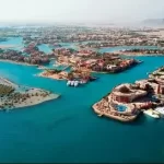 Sunset view of El Gouna with lagoons and palm trees