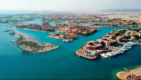 Sunset view of El Gouna with lagoons and palm trees